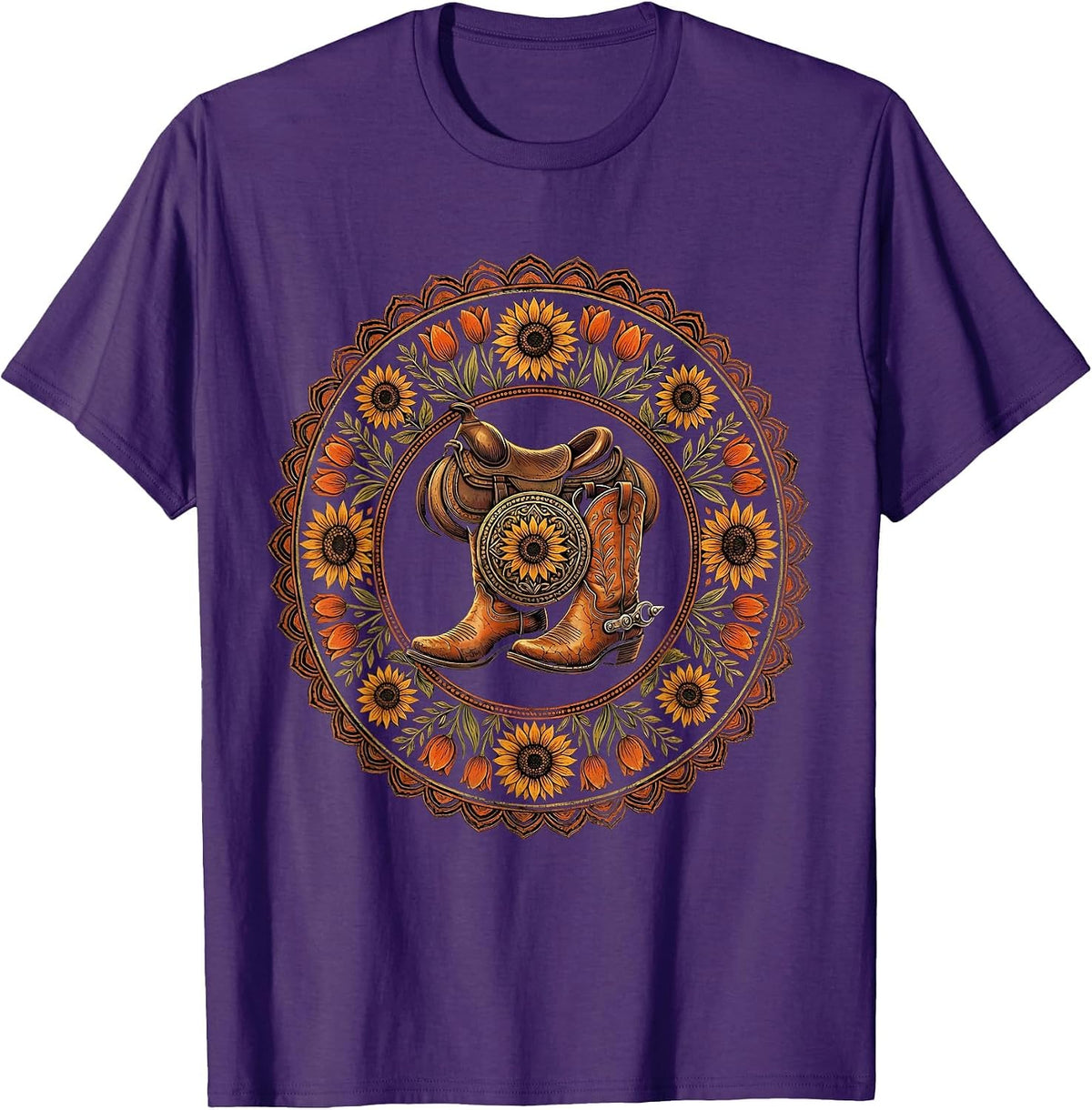 Cowgirl Boots Spurs and Saddle Western Graphic T-Shirt - Purple