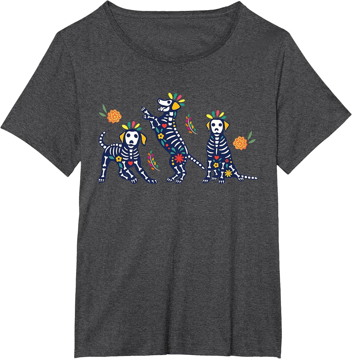 Day of the Dead Colorful Skeleton Dogs Mexican Halloween T-Shirt - Dark Heather Grey