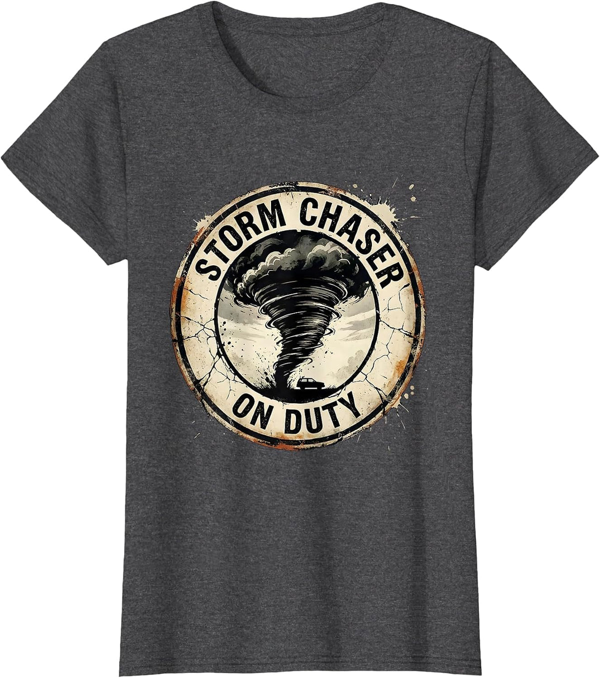 Women's Distressed Rope Funnel Badge Storm Chaser Meteorology Humor T-Shirt - Dark Heather Grey