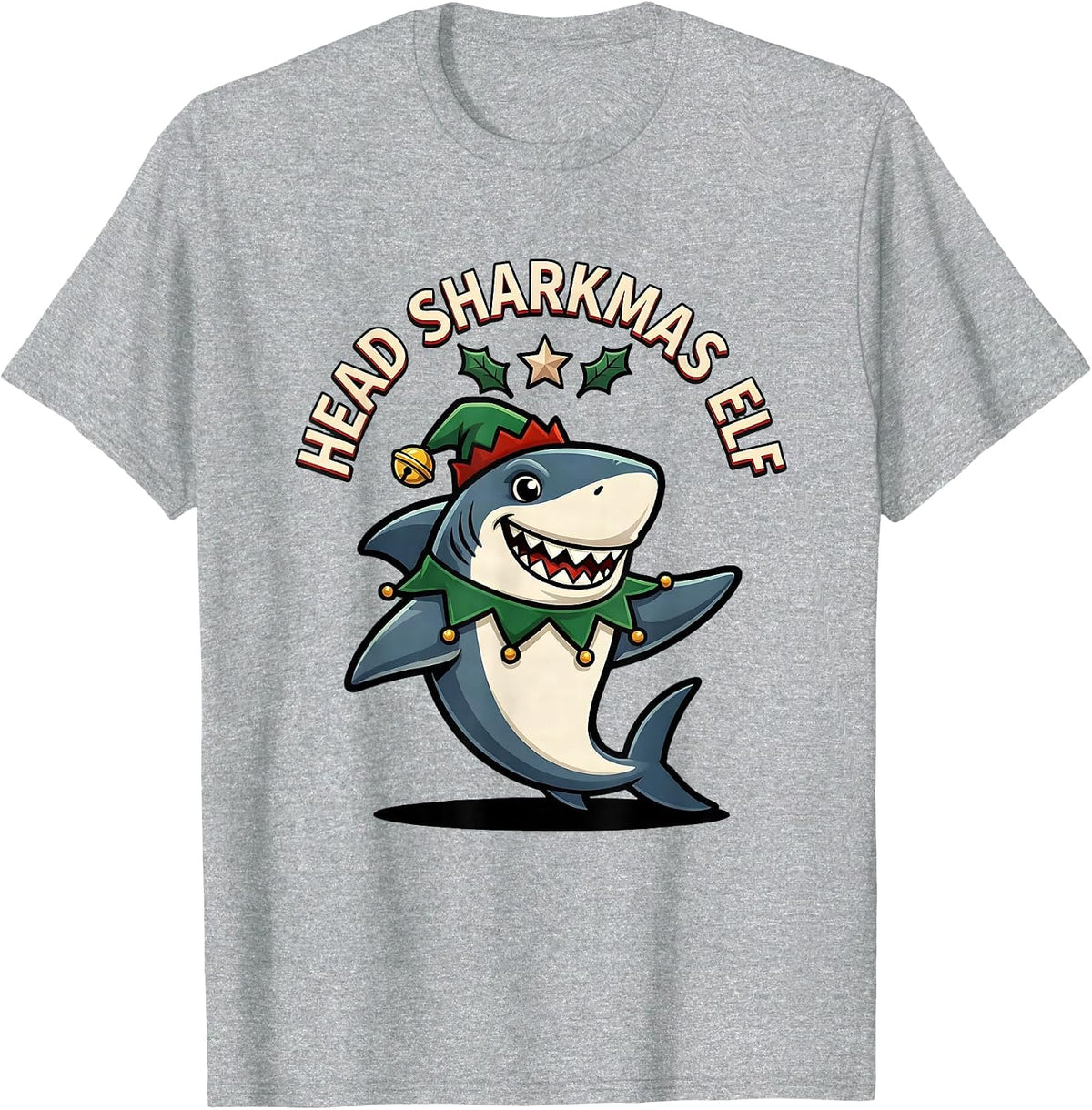 Men's Head Sharkmas Elf Cartoon Shark Lover Christmas Pun Humor T-Shirt - Heather Grey