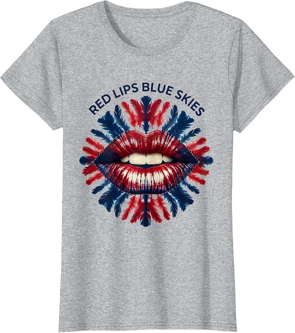 Women's Red Lips Blue Skies Red White and Blue Design T-Shirt - Heather Grey