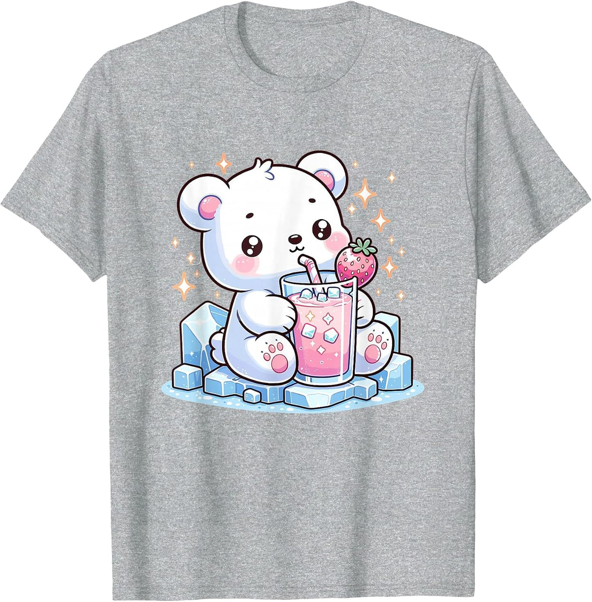 Cute Kawaii Style Polar Bear Drinking Strawberry Milk T-Shirt - Heather Grey