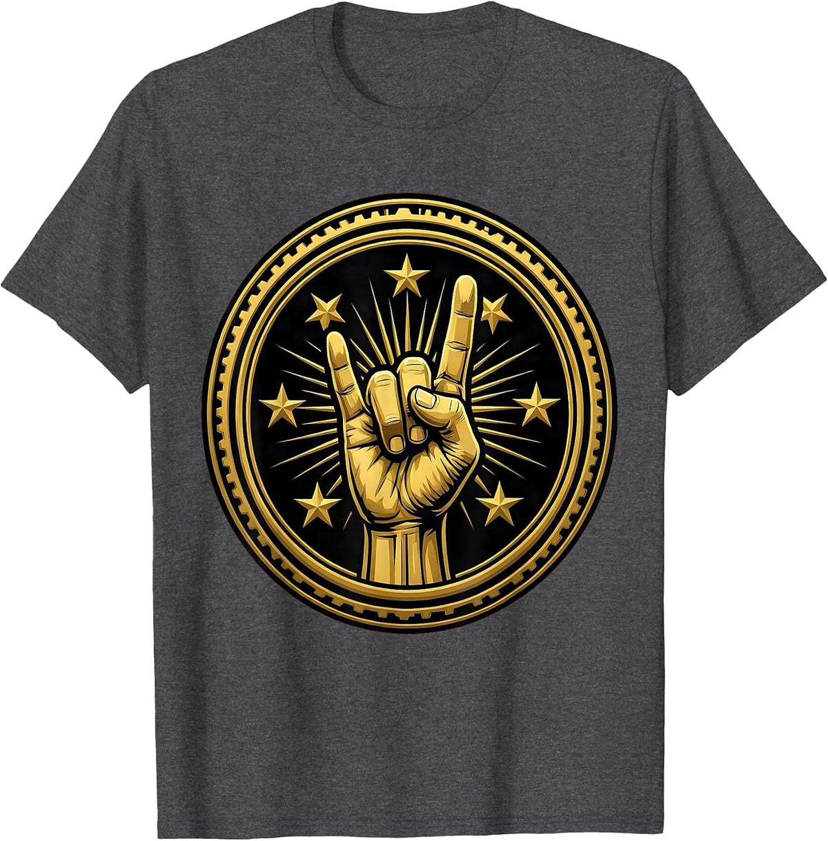Men's Rock Devil Horns Hand Sign With Stars Graphic T-Shirt - Dark Heather Grey