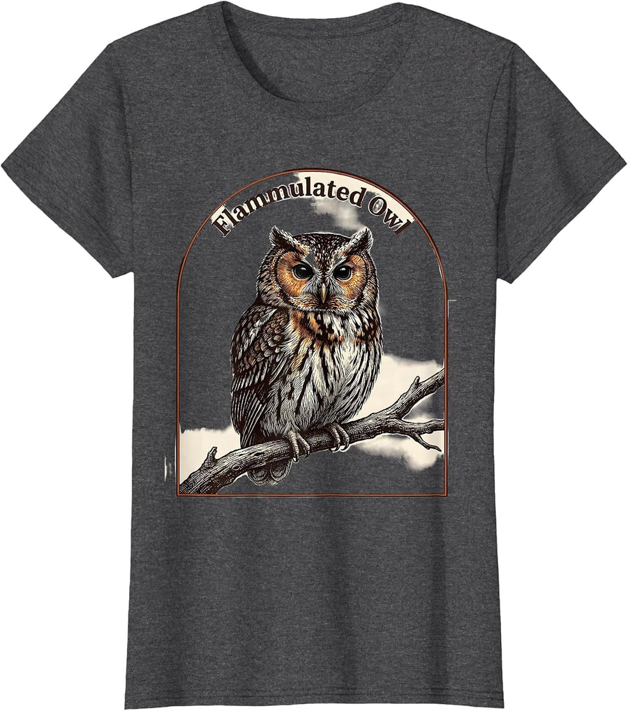 Women's Flammulated Owl Crosshatch Etching Bird Lover Nature T-Shirt - Dark Heather Grey