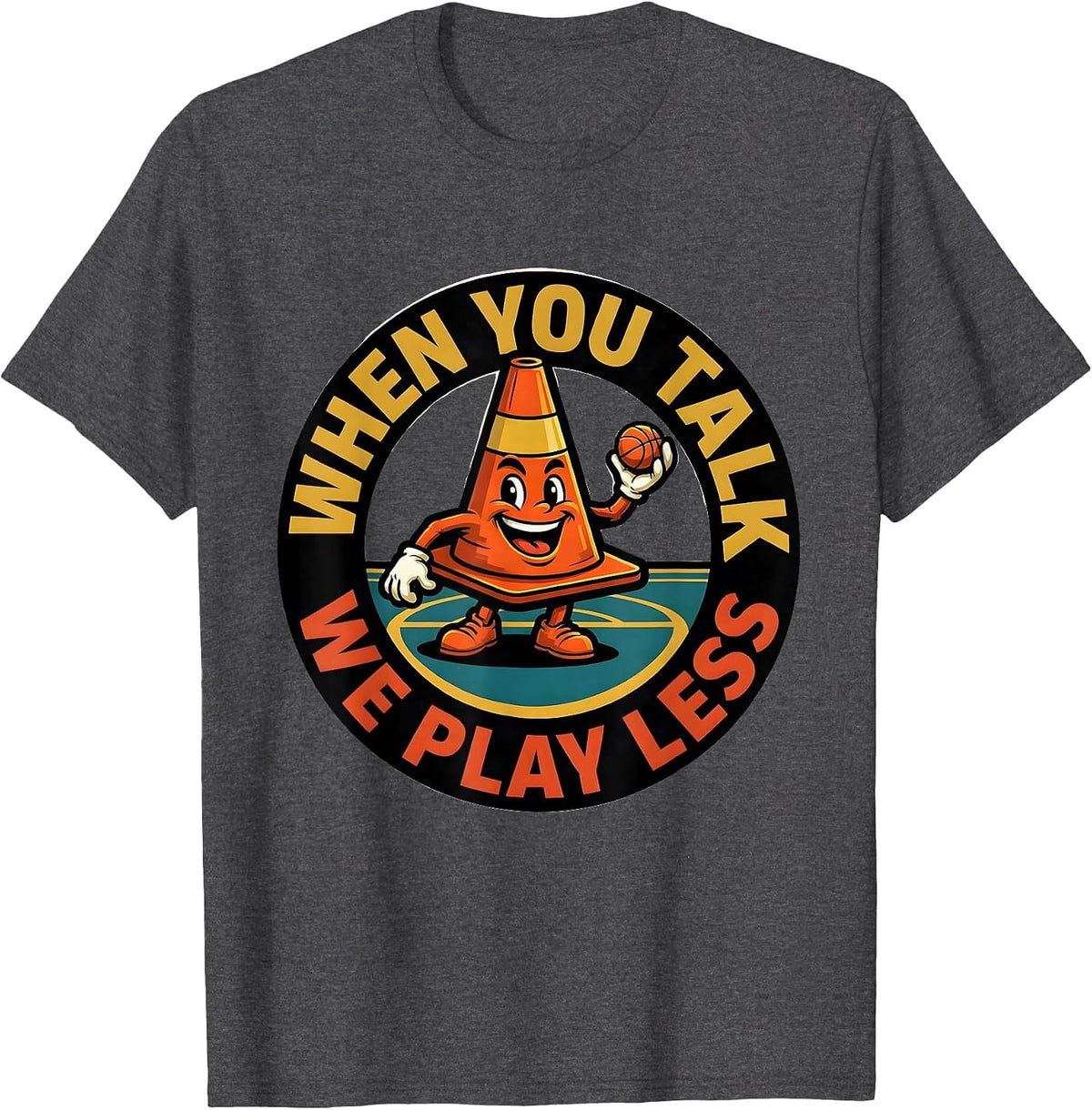 Men's When You Talk, We Play Less Funny PE Teacher Back To School T-Shirt - Dark Heather Grey