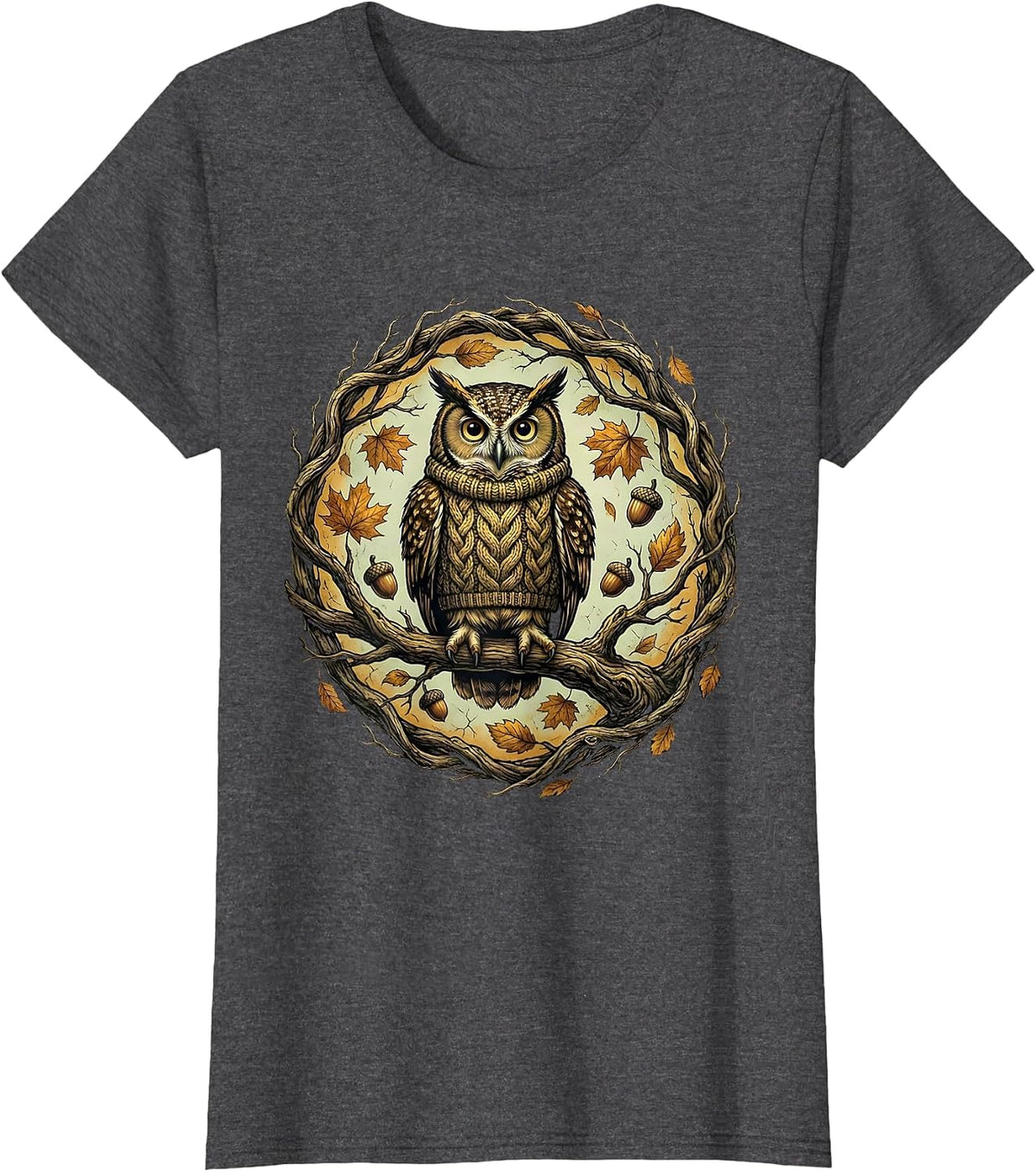Women's Fall Owl on Branch Autumn Knitted Sweater Design T-Shirt - Dark Heather Grey