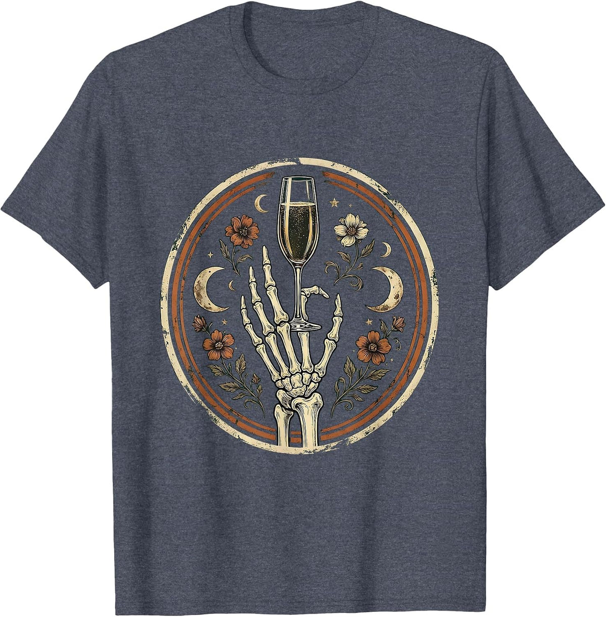 Skeleton Hand Reaching for Champagne Halloween T-Shirt - Heather Blue