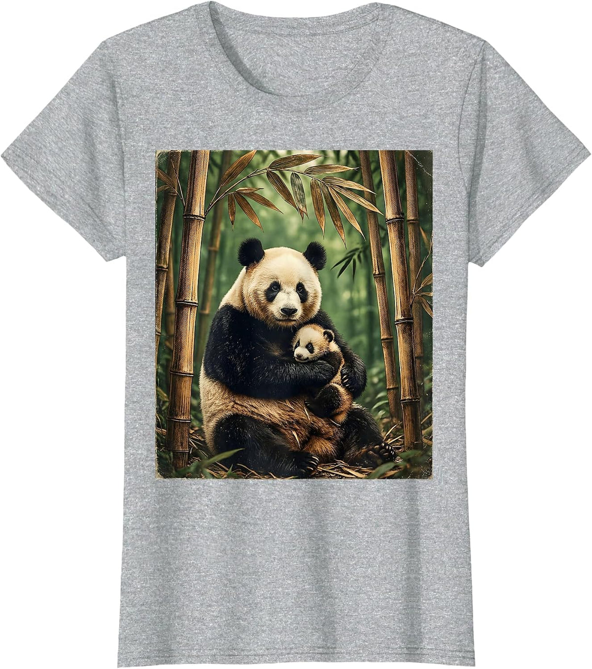 Mama Panda and Cub in Bamboo Grove Design T-Shirt - Heather Grey