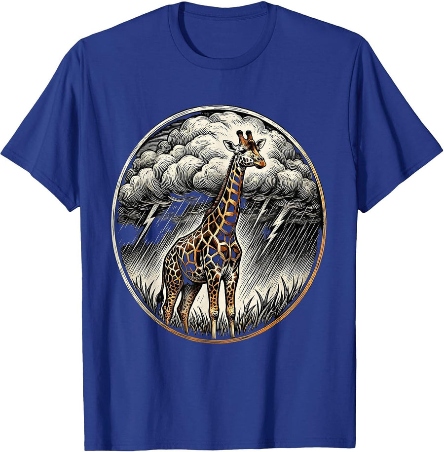 Giraffe Under Thunderstorm Clouds Nature Art T-Shirt - Royal Blue