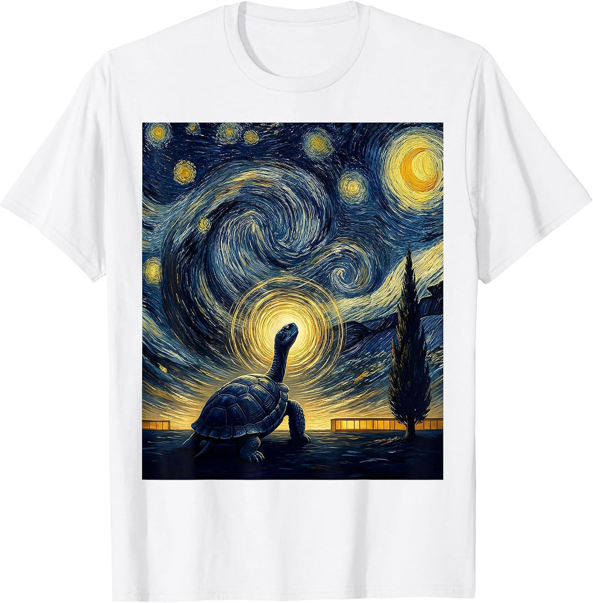 Men's Night Turtle Van Gogh Whimsical Pet Lover Art T-Shirt - White