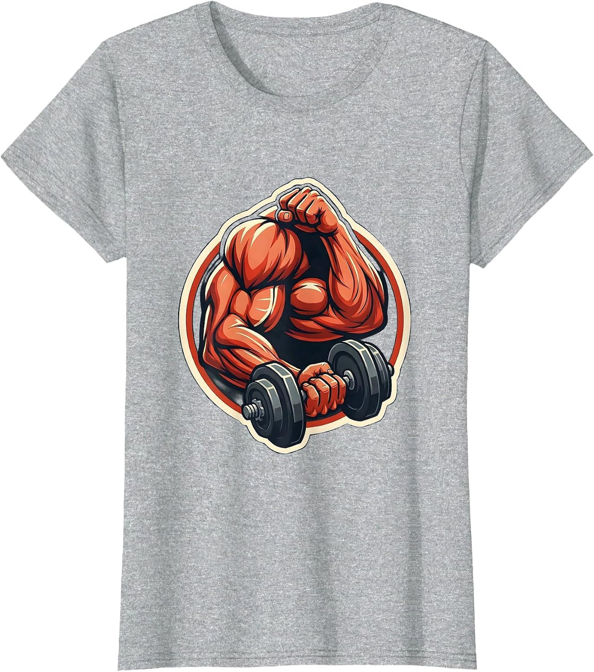 Muscular Arm Curl Dumbbell Workout Graphic T-Shirt - Heather Grey