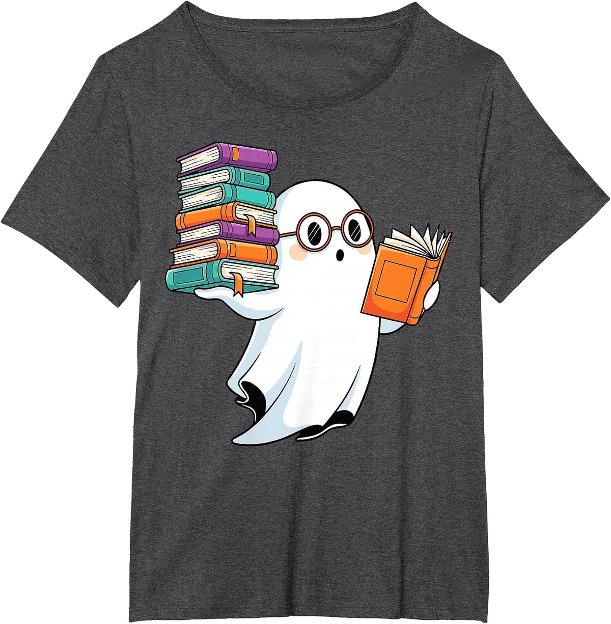 Ghost Reading Books Halloween Library T-Shirt - Dark Heather Grey