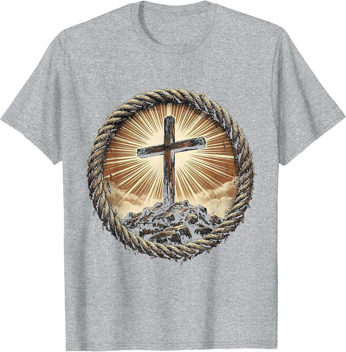 Men's Rugged Cross on Rocky Hilltop Christian Design T-Shirt - Heather Grey