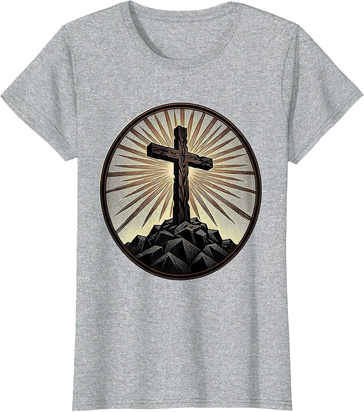 Wooden Cross on Rocky Hilltop Sunset Design T-Shirt - Heather Grey