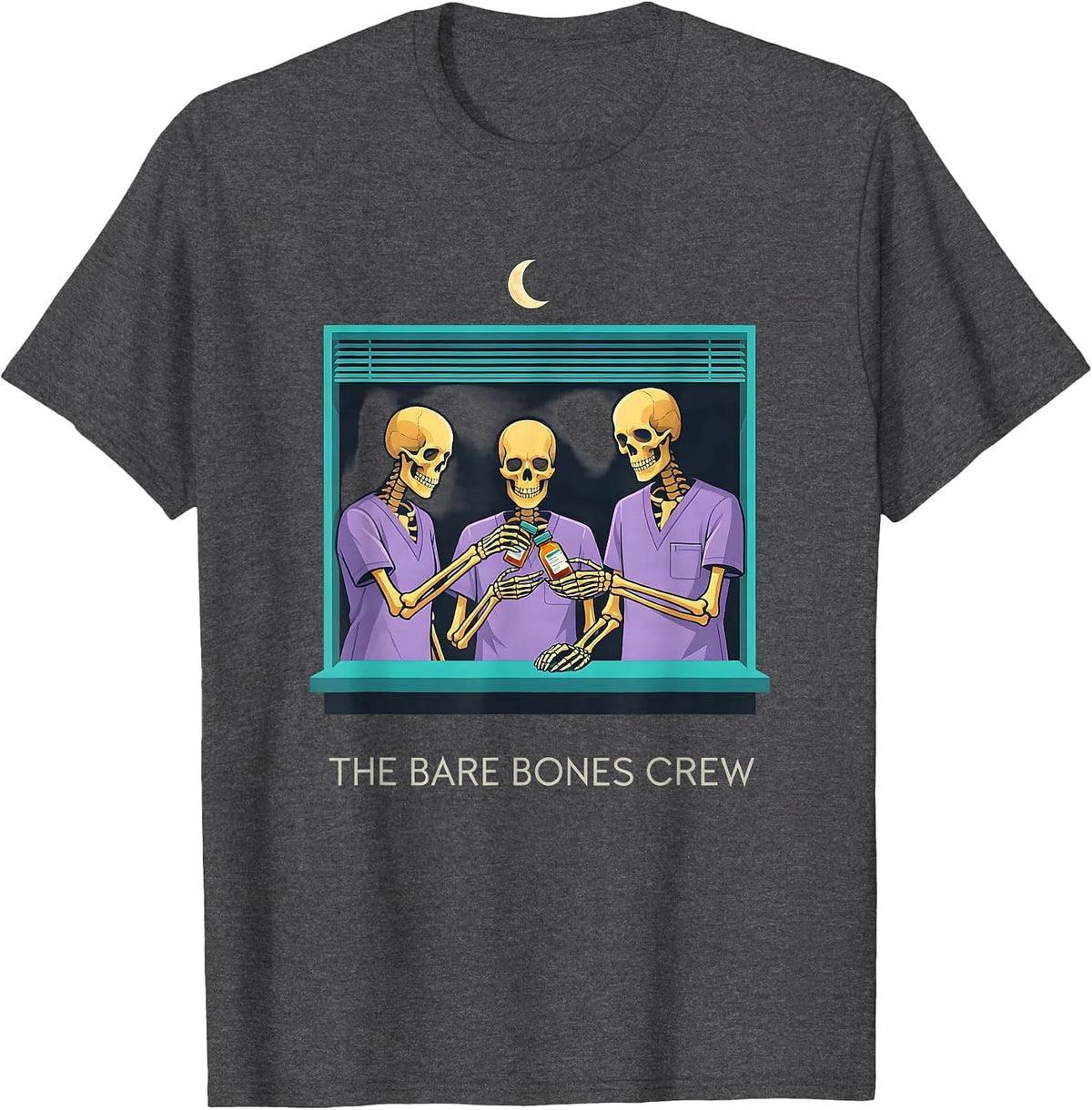 Men's The Bare Bones Crew Funny Pharmacy Tech Halloween Crew T-Shirt - Dark Heather Grey
