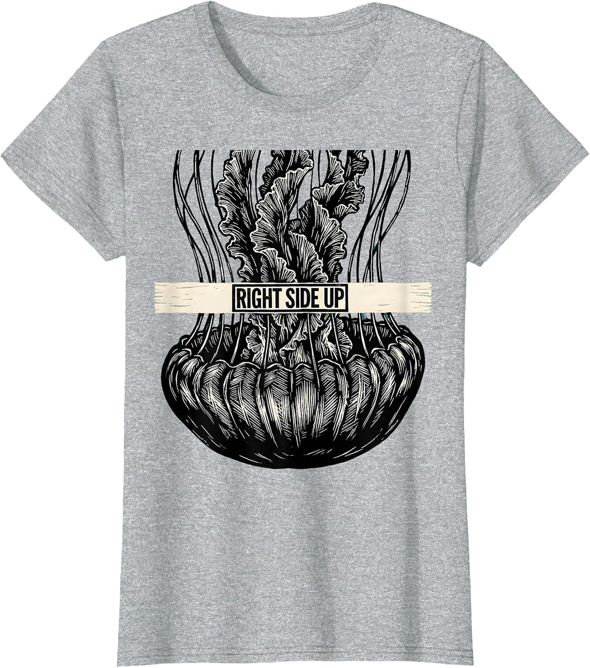 Women's Right Side Up Linocut Funny Shark Ocean Wildlife Humor T-Shirt - Heather Grey