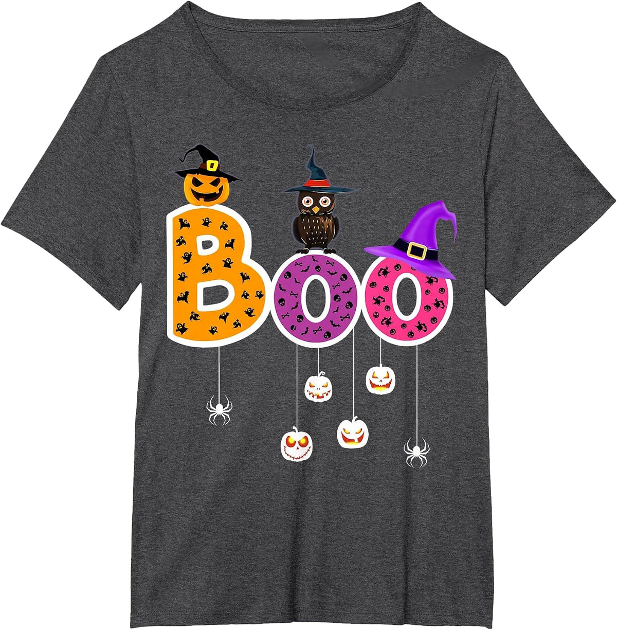 Boo Halloween Costume Spiders Ghosts Pumkin & Witch Hat T-Shirt - Dark Heather Grey