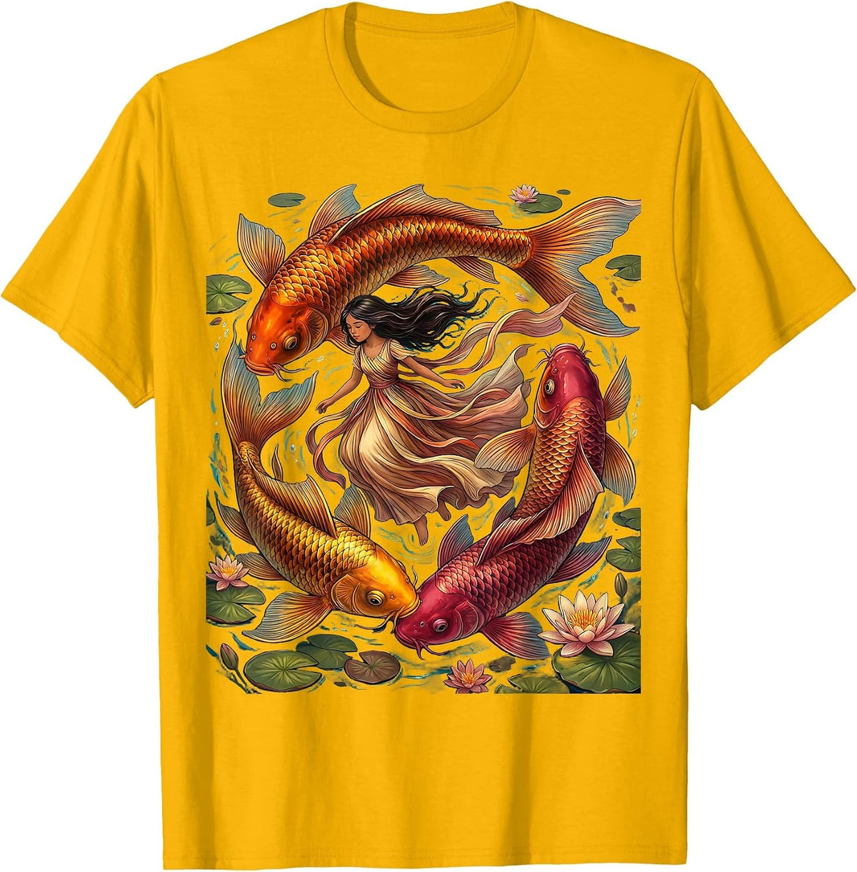 Mexican Girl Swimming With Colorful Koi Fish Art T-Shirt - Golden Yellow