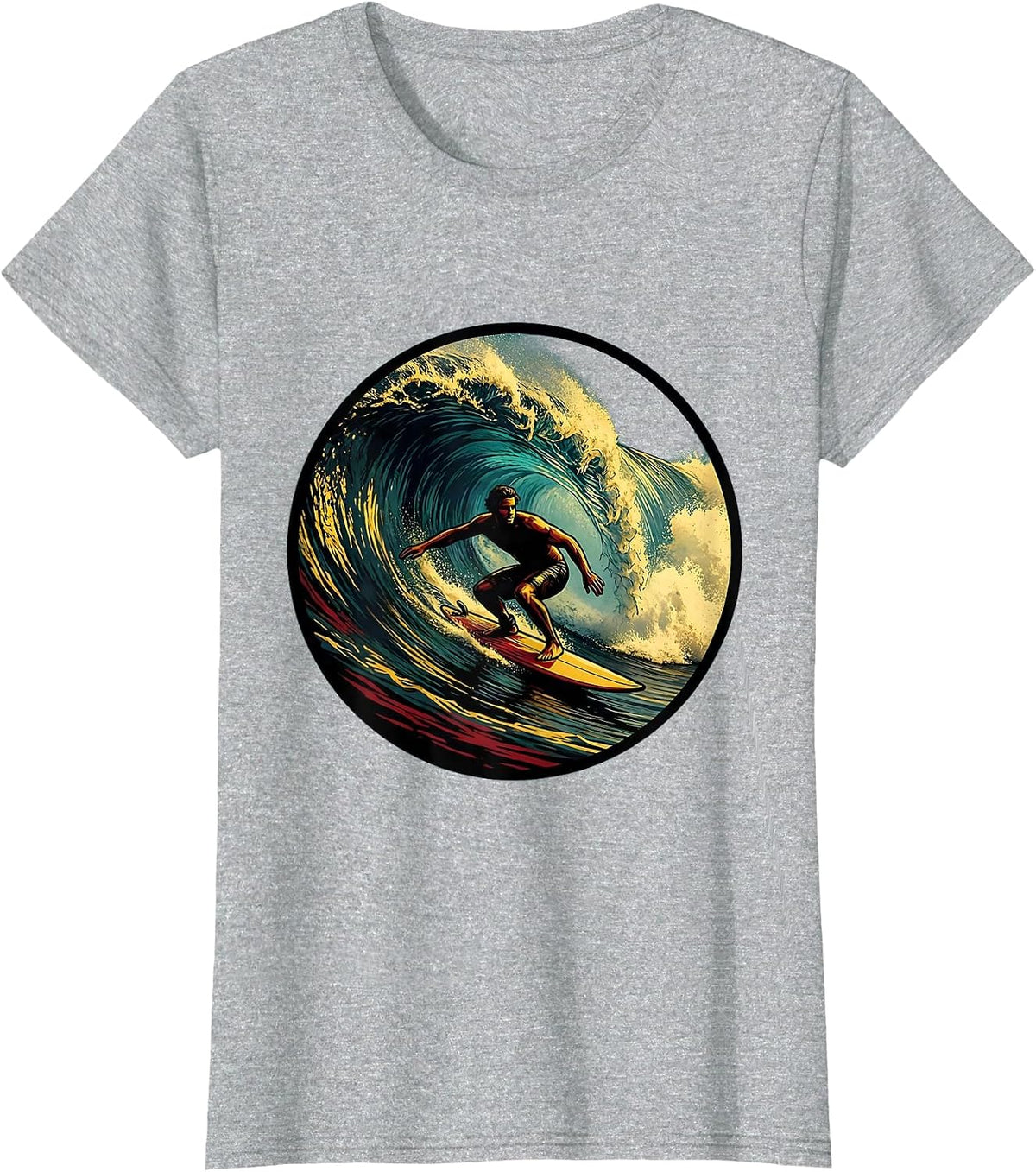 Retro Surfer Riding Massive Curling Wave T-Shirt - Heather Grey