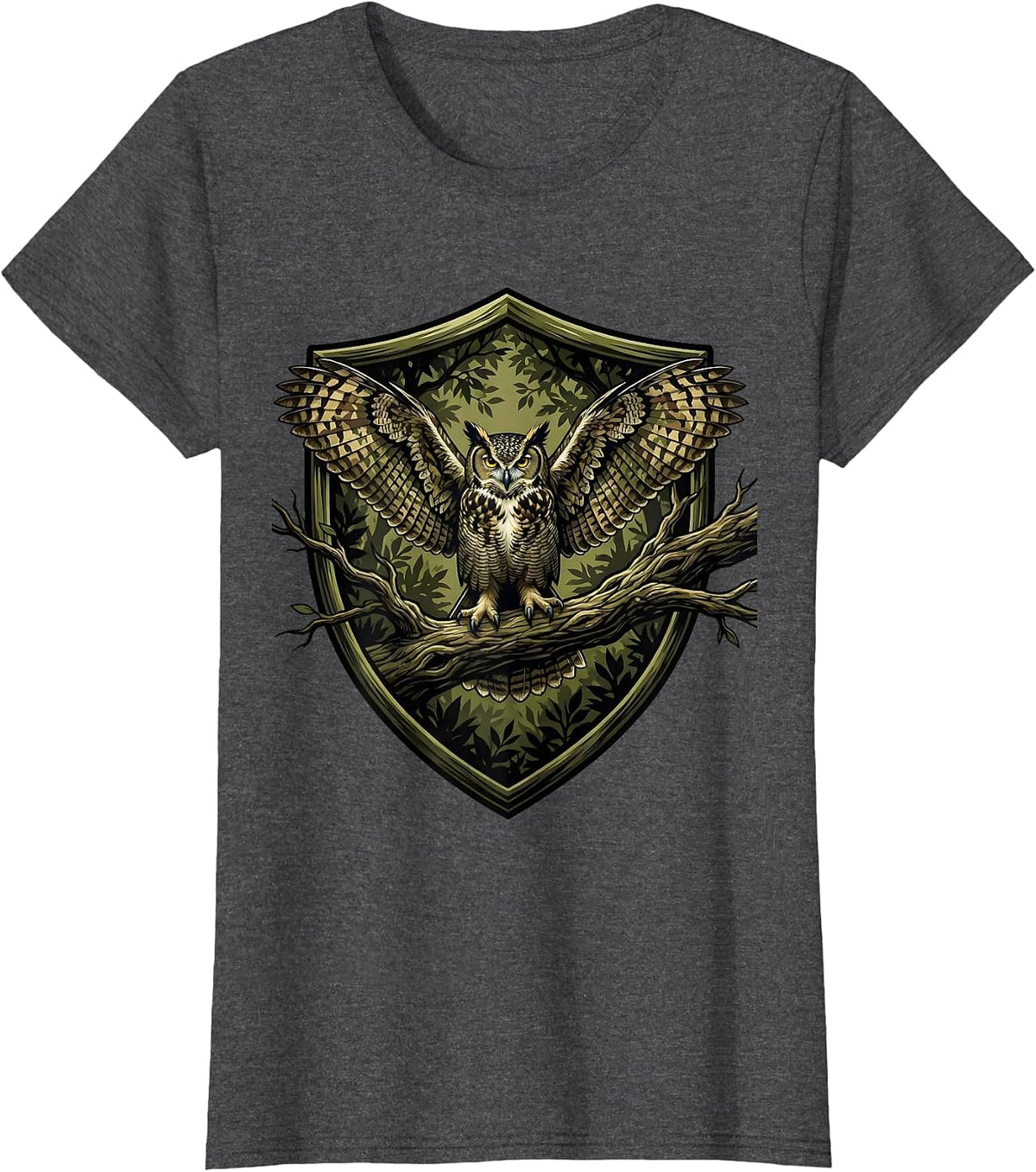 Women's Camo Owl Perched on Branch Night Scene T-Shirt - Dark Heather Grey
