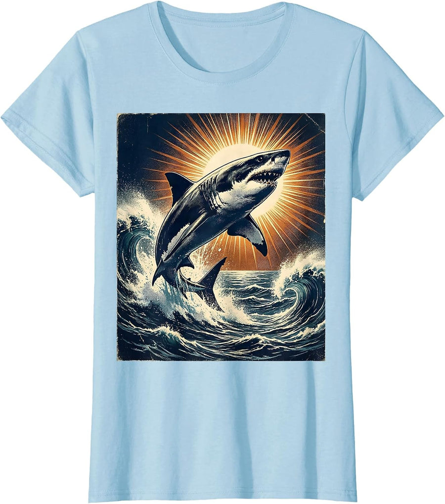 Women's Aloha Great White Shark Leaping Ocean Wave T-Shirt - Baby Blue