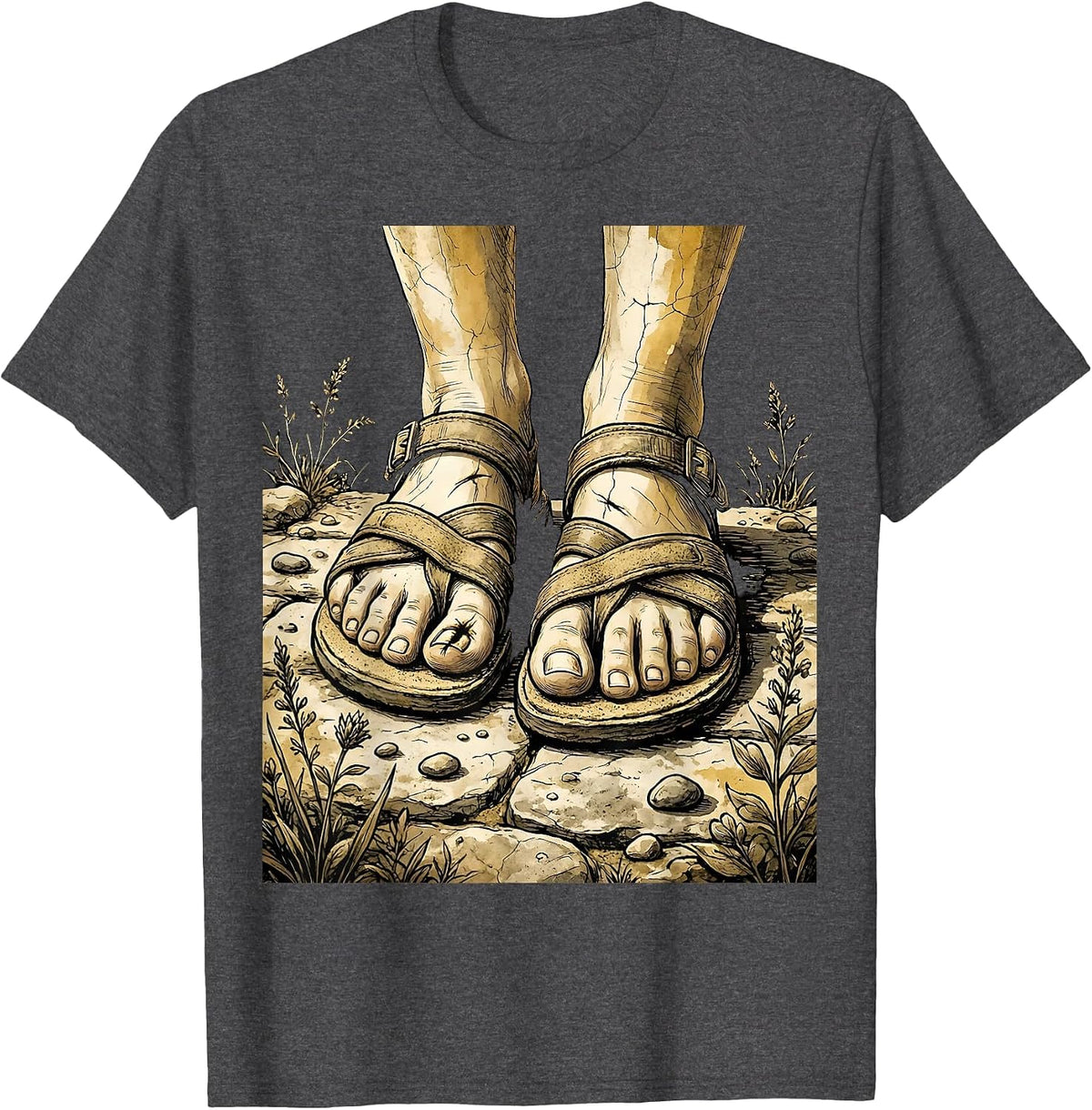 Jesus Nail Scarred Feet on Stone Christian Graphic T-Shirt - Dark Heather Grey