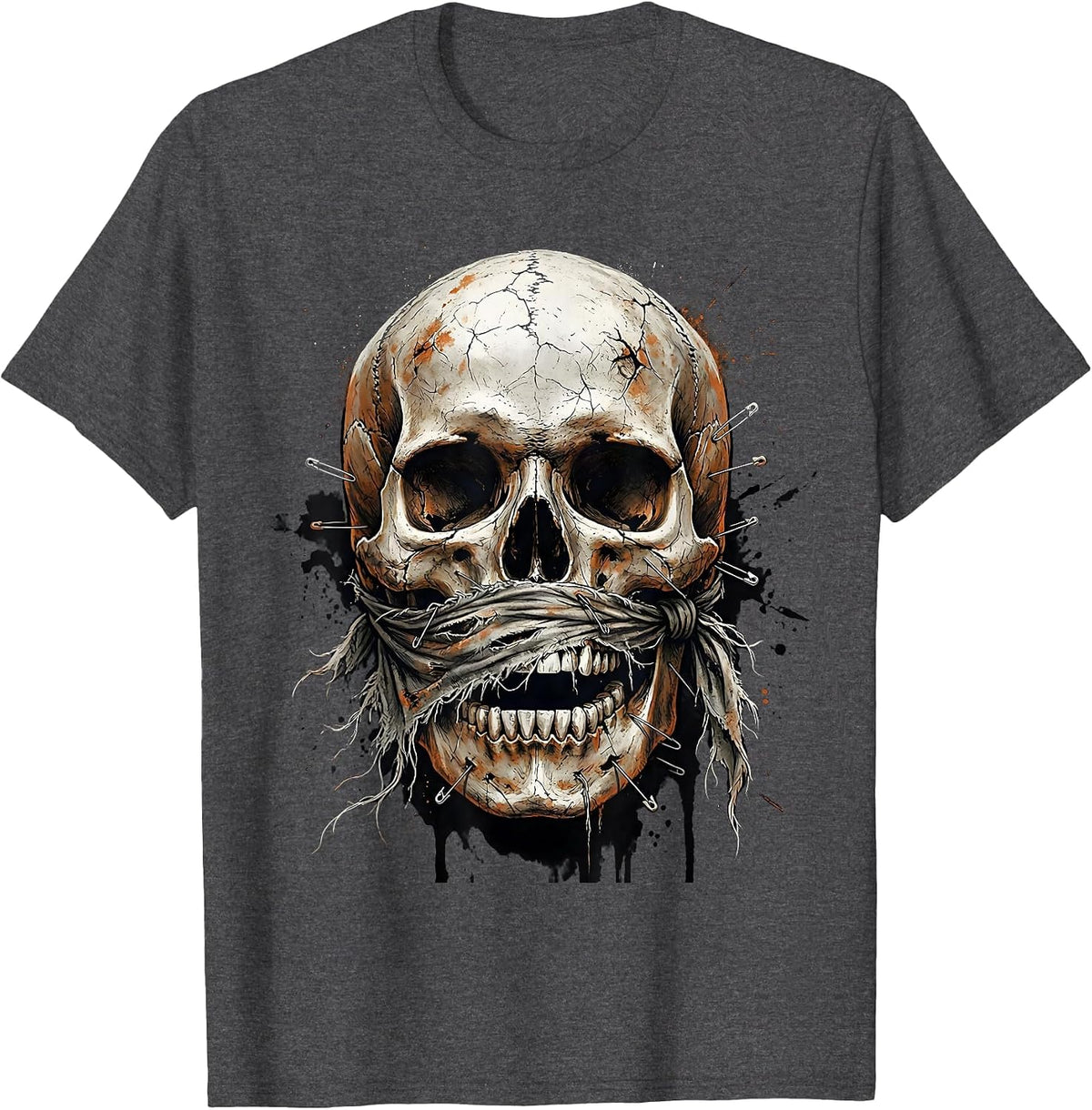 Grunge Skull Torn Bandana Safety Pins Design T-Shirt - Dark Heather Grey