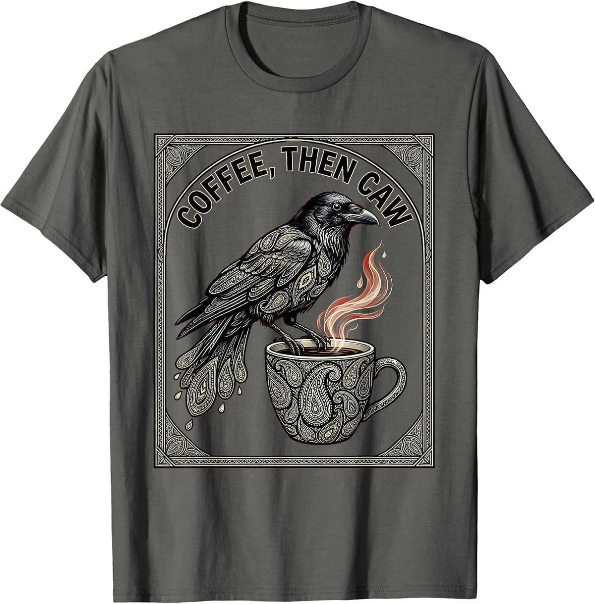 Coffee Then Caw Crow Lover Graphic Design T-Shirt - Asphalt Grey