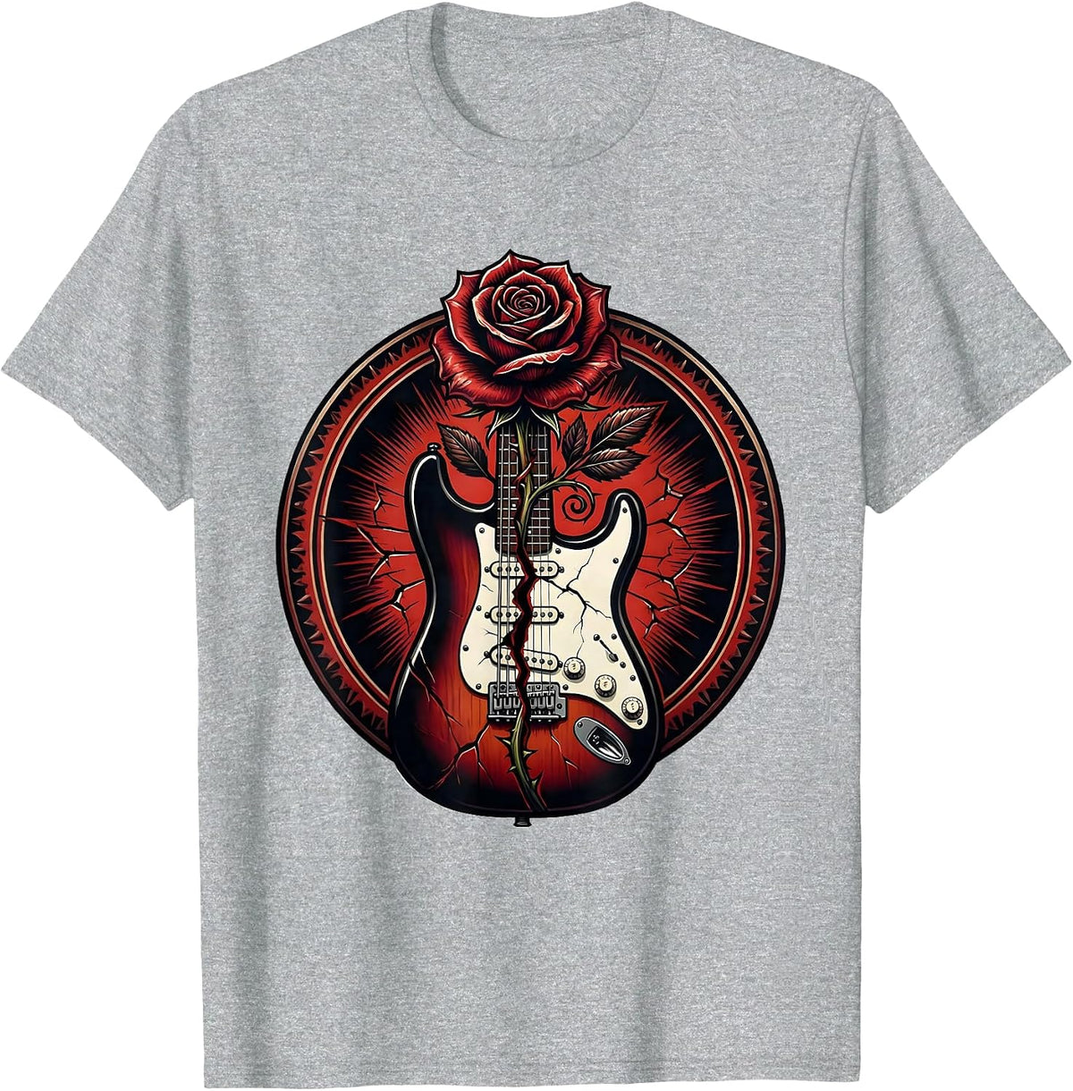 Men's Rose Growing Through Cracked Electric Guitar Art T-Shirt - Heather Grey