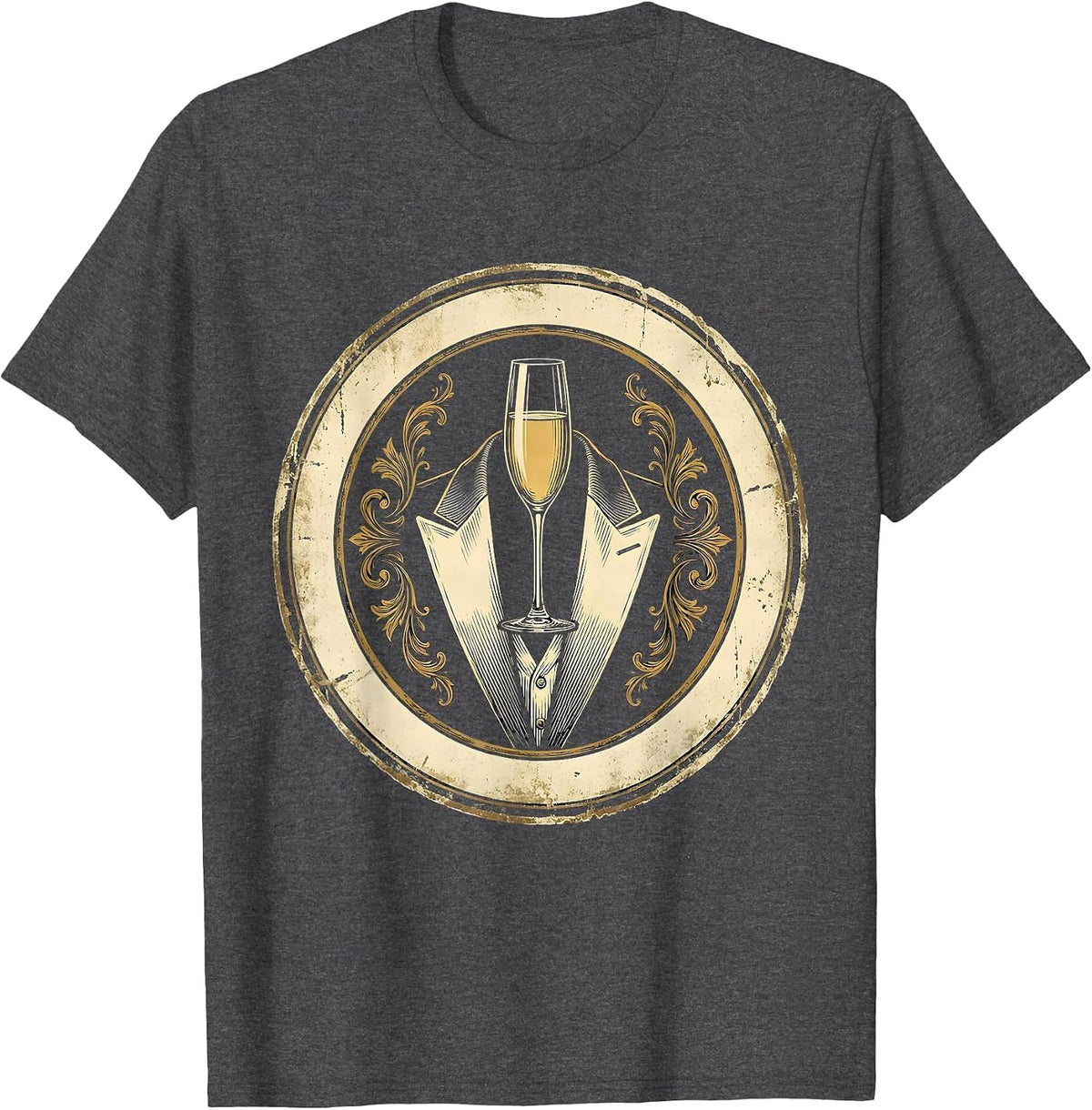 Champagne Glass on Tuxedo Lapel Graphic T-Shirt - Dark Heather Grey