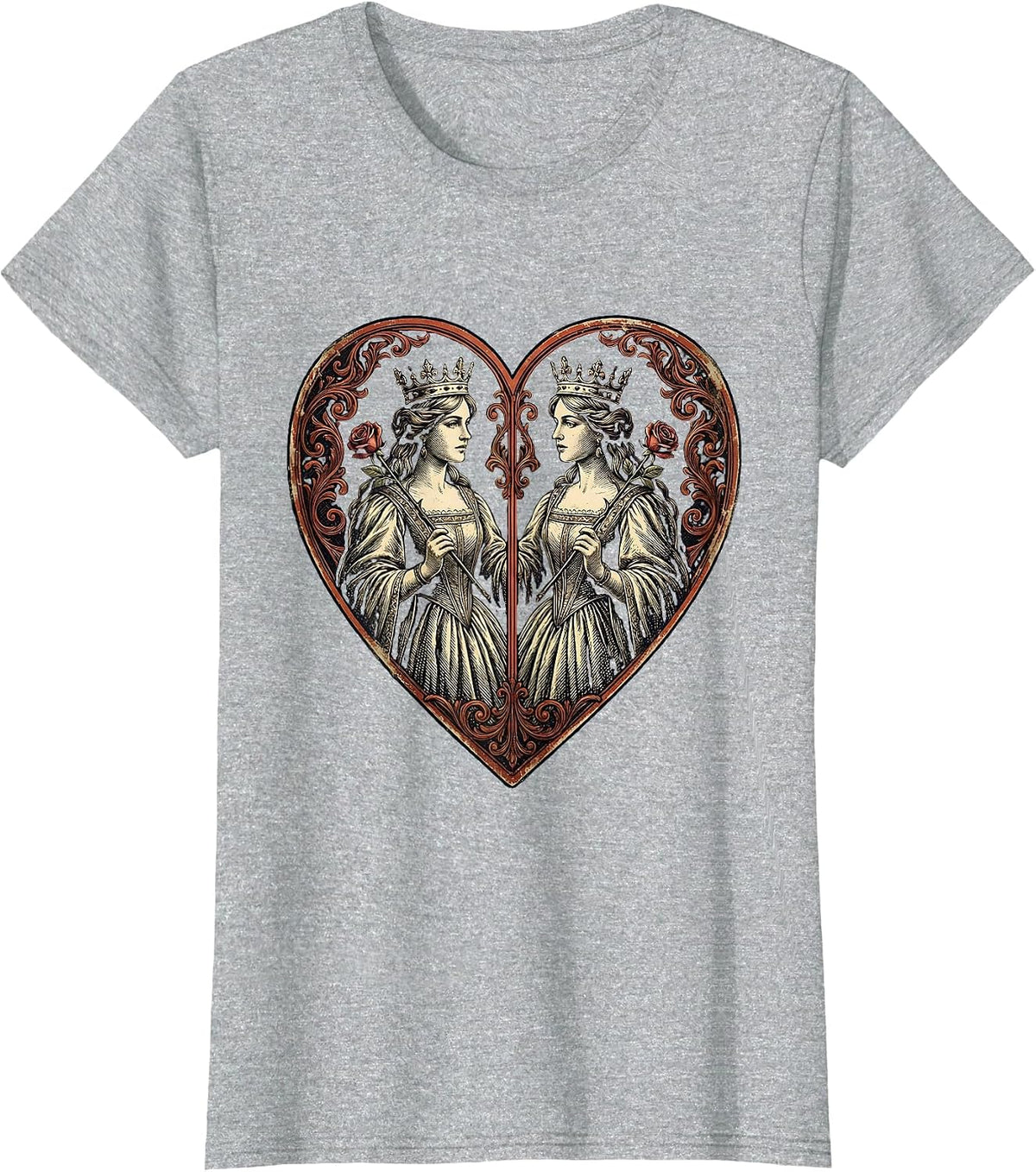 Queen of Hearts Mirrored Playing Card Design T-Shirt - Heather Grey