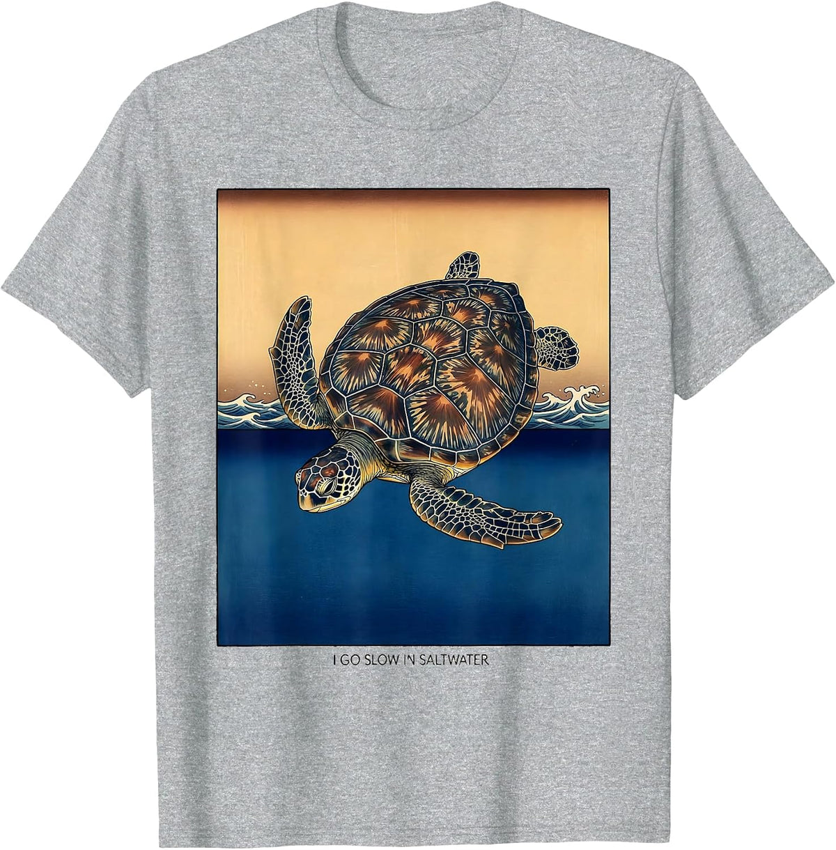 Men's I Go Slow In Saltwater Ukiyo-e Sea Turtle Lover Beach Humor T-Shirt - Heather Grey