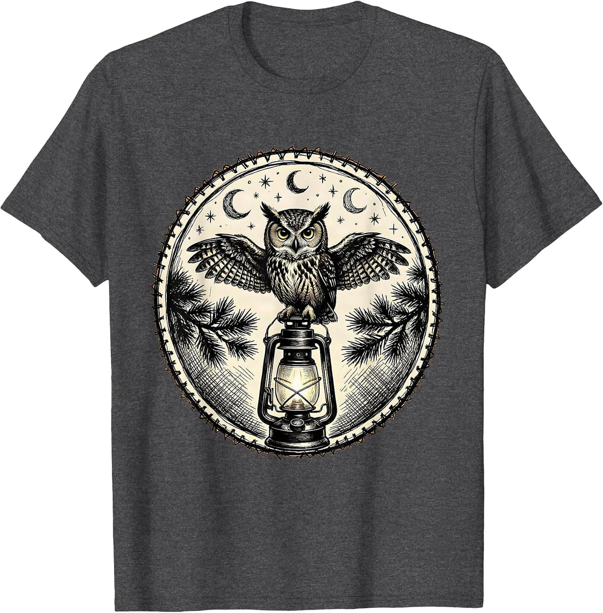 Owl on Lantern Camping Night Illustration T-Shirt - Dark Heather Grey