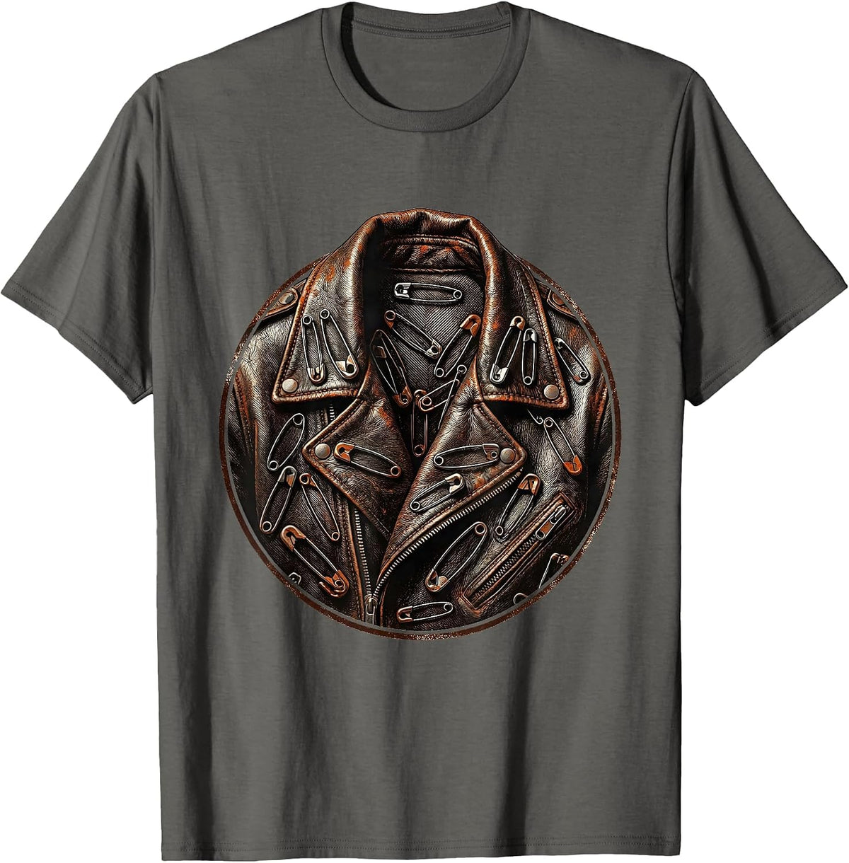 Elder Emo Rusty Safety Pin Leather Jacket Art T-Shirt - Asphalt Grey