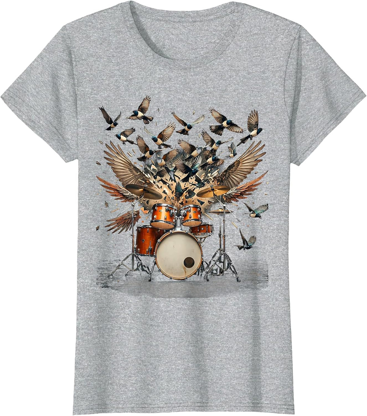 Drum Kit Exploding Into Birds Graphic T-Shirt - Heather Grey