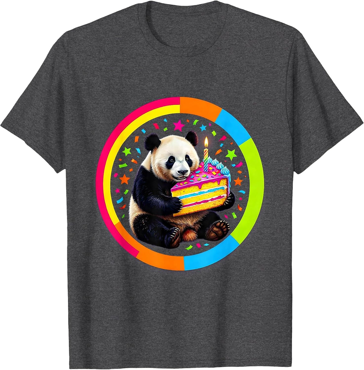 Panda Birthday Cake Slice Celebration Graphic T-Shirt - Dark Heather Grey