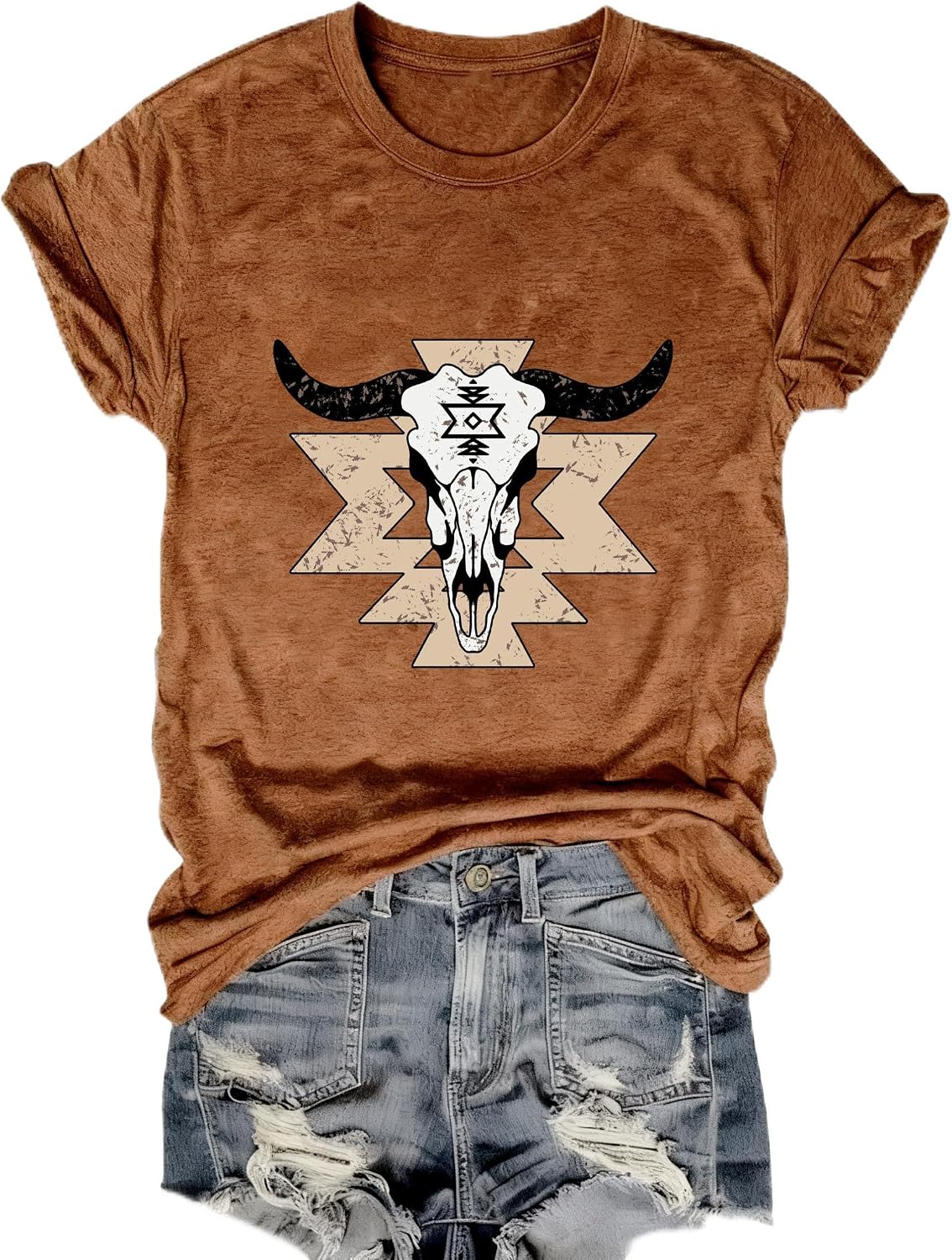 Cowgirl Shirts for Women Western Cowboy Graphic T Shirt Country Concert Tee Tops Boho Aztec Rodeo Outfit - Brown-cow