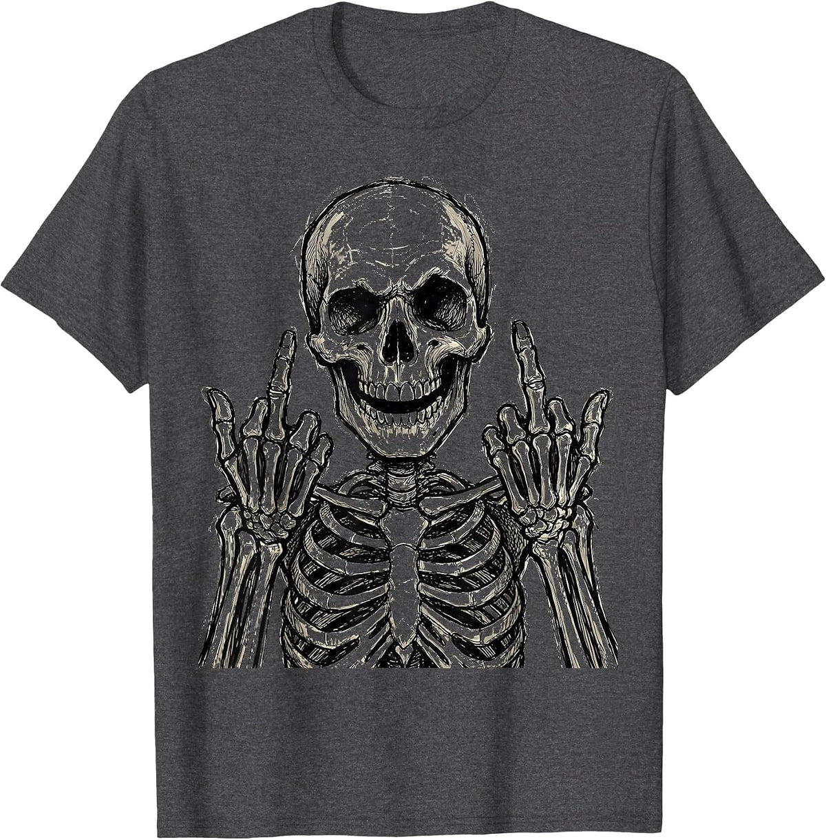 Men's Skeleton Double Middle Fingers Graphic T-Shirt - Dark Heather Grey