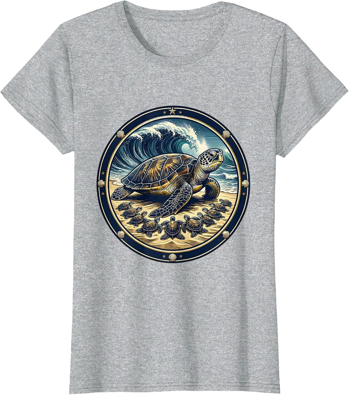 Women's Mama Turtle With Hatchlings on Beach Graphic T-Shirt - Heather Grey