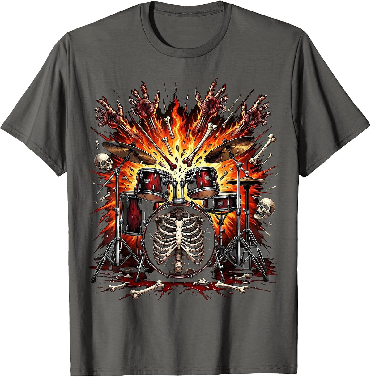 Exploding Drum Kit Fiery Punk Band Graphic T-Shirt - Asphalt Grey