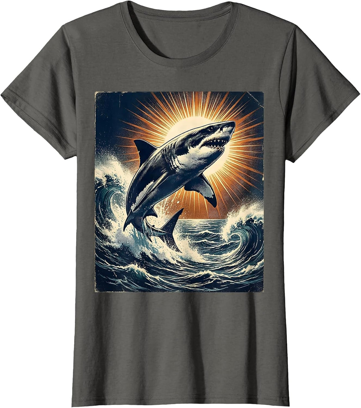 Women's Aloha Great White Shark Leaping Ocean Wave T-Shirt - Asphalt Grey