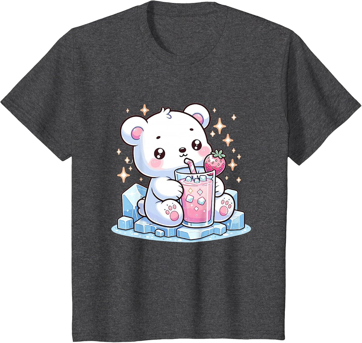 Cute Kawaii Style Polar Bear Drinking Strawberry Milk T-Shirt - Dark Heather Grey