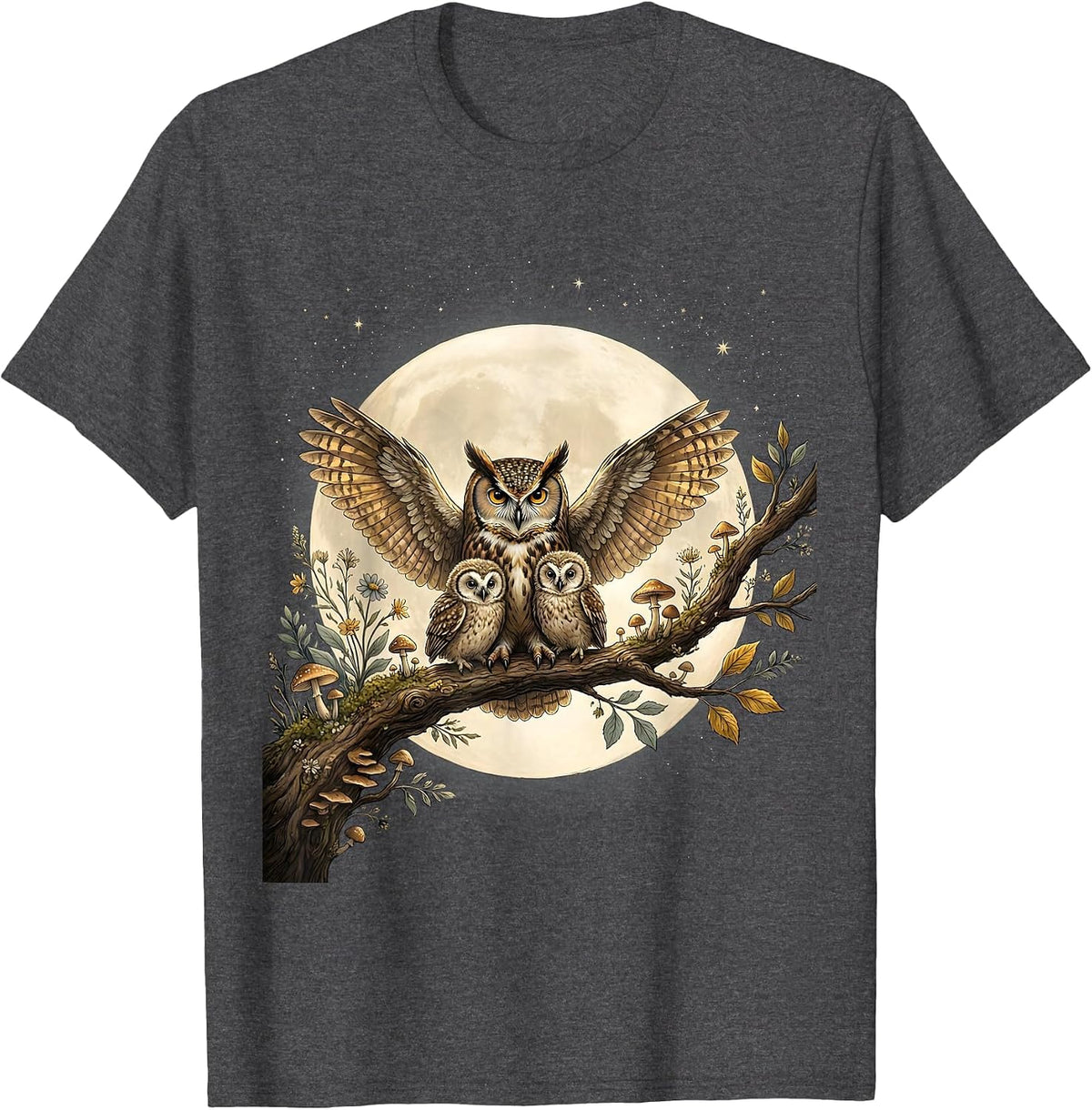 Men's Mother Owl and Owlets Full Moon Night Design T-Shirt - Dark Heather Grey