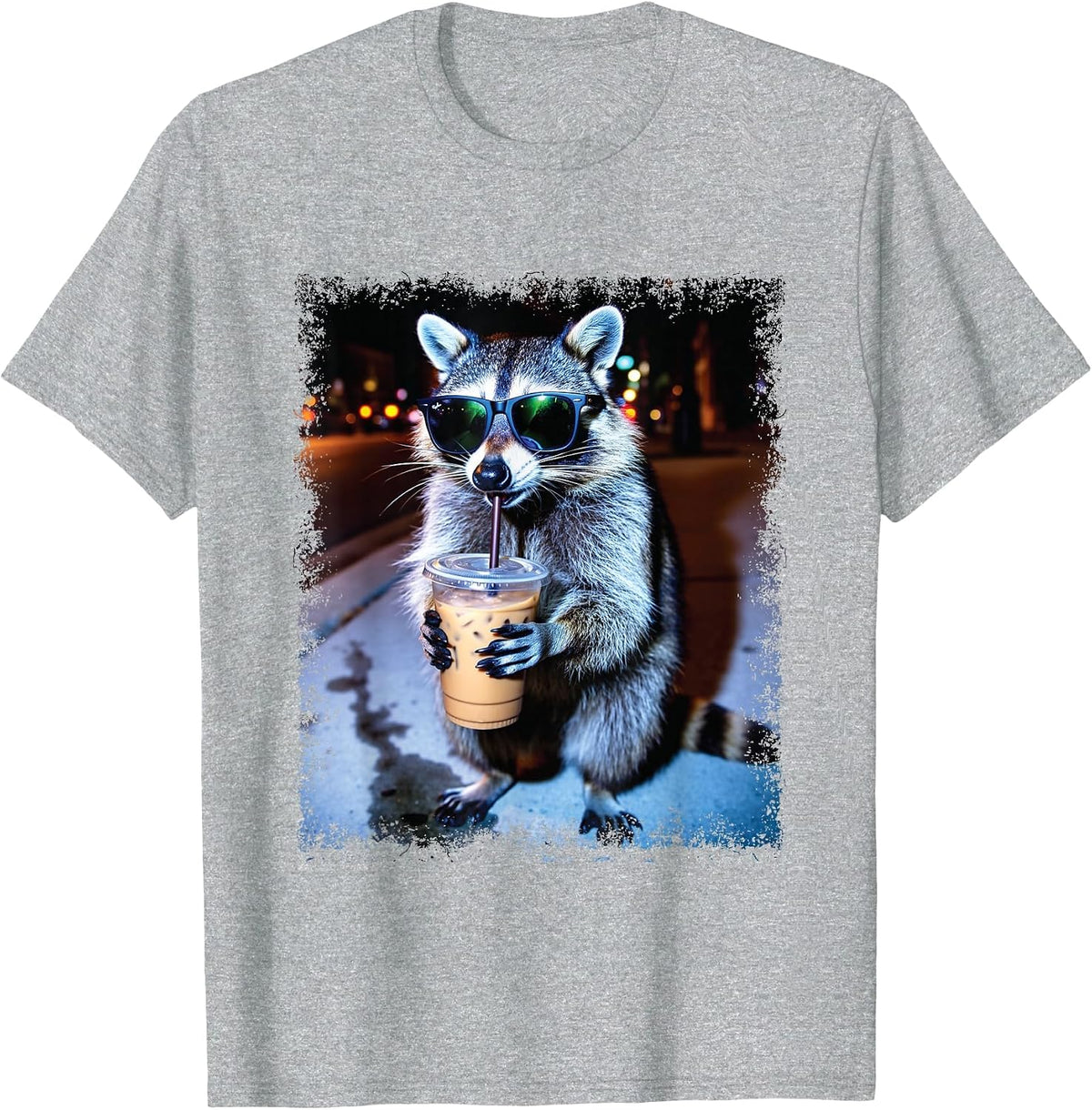 Funny Raccoon Drinking Iced Coffee Trash Panda Meme T-Shirt - Heather Grey