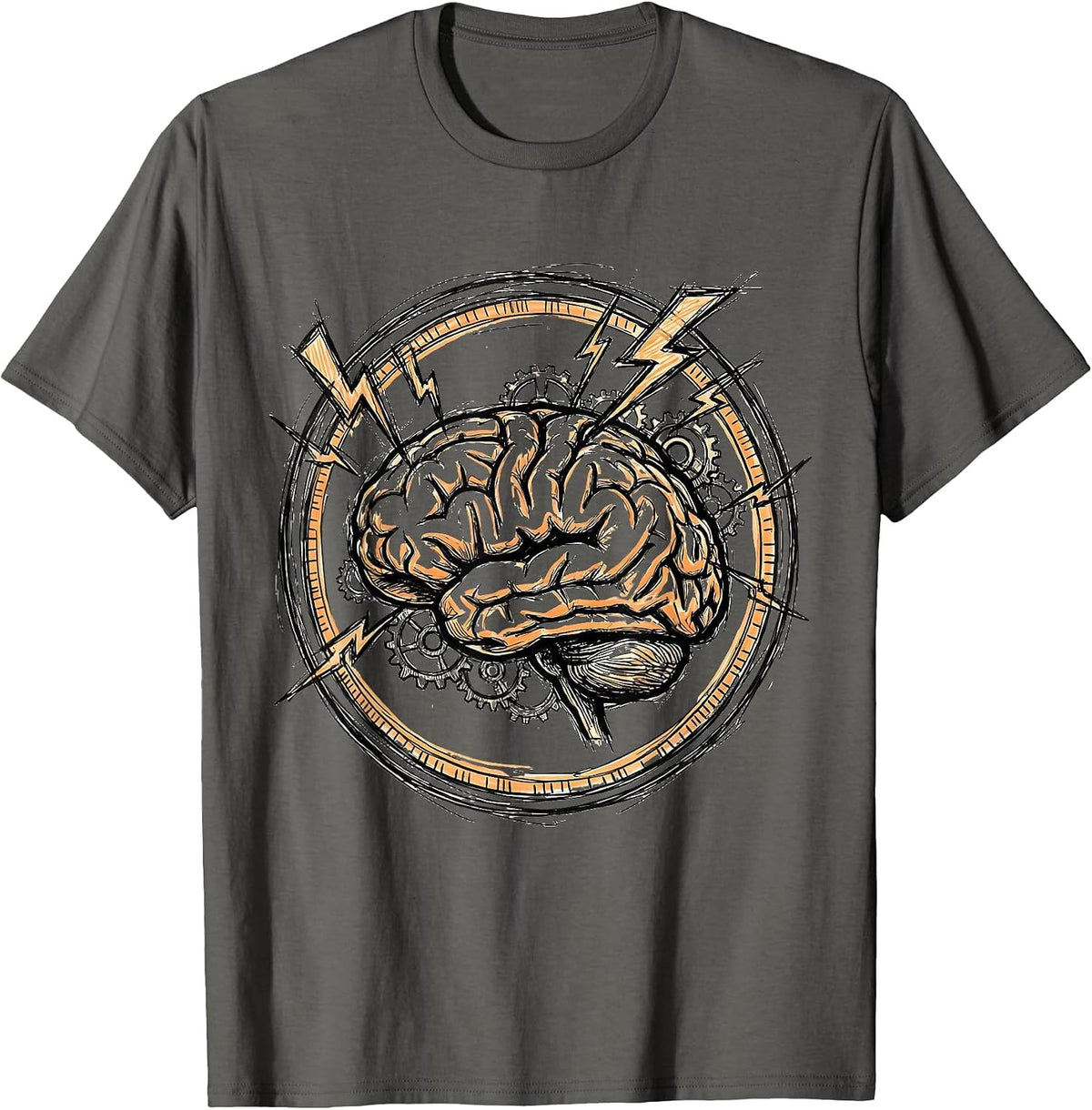 ADHD Awareness Brain Lightning Bolts Gears Design T-Shirt - Asphalt Grey