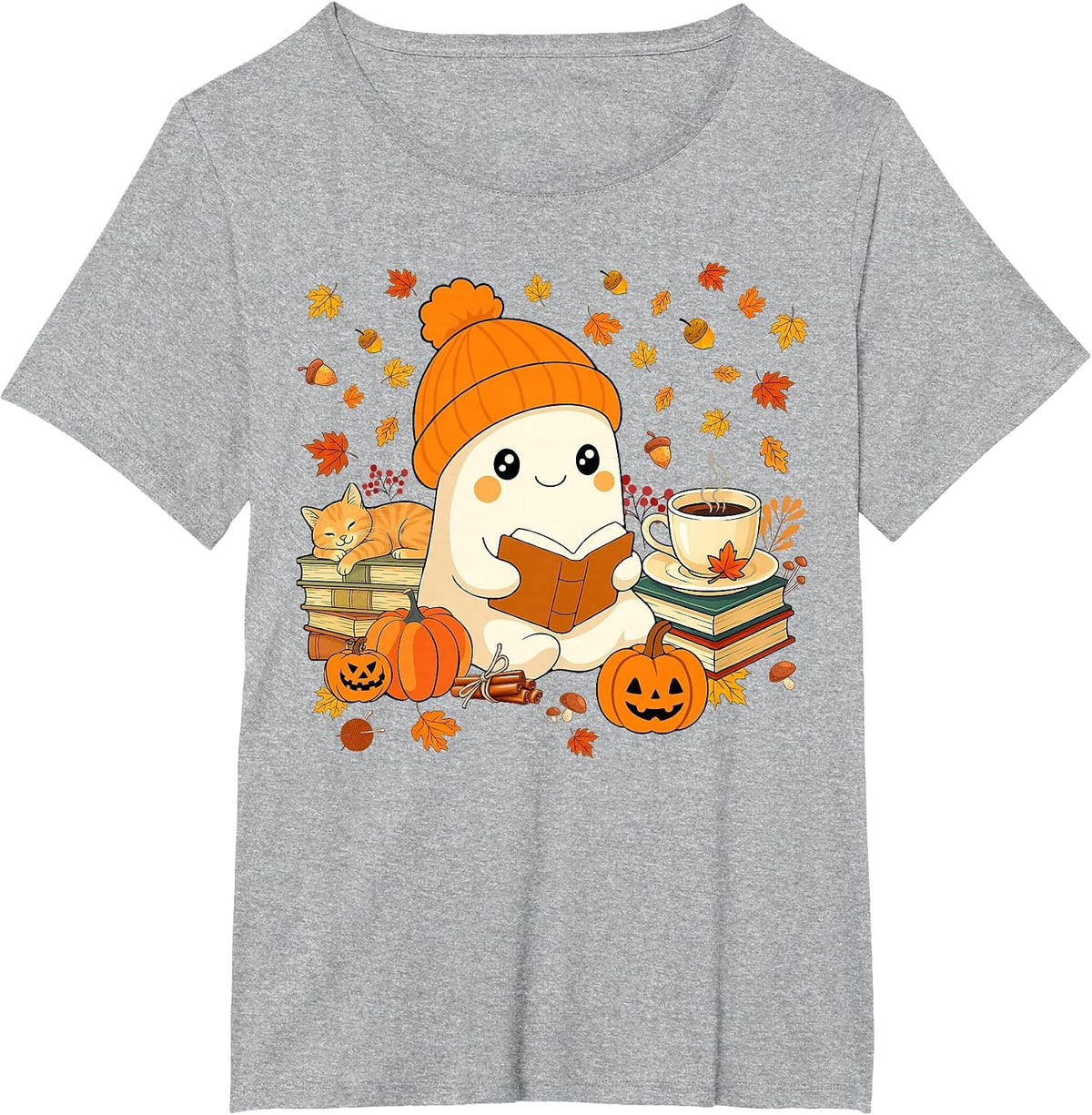 Cute Ghost Reading Book Lovers Autumn Fall Halloween Ghost T-Shirt - Heather Grey