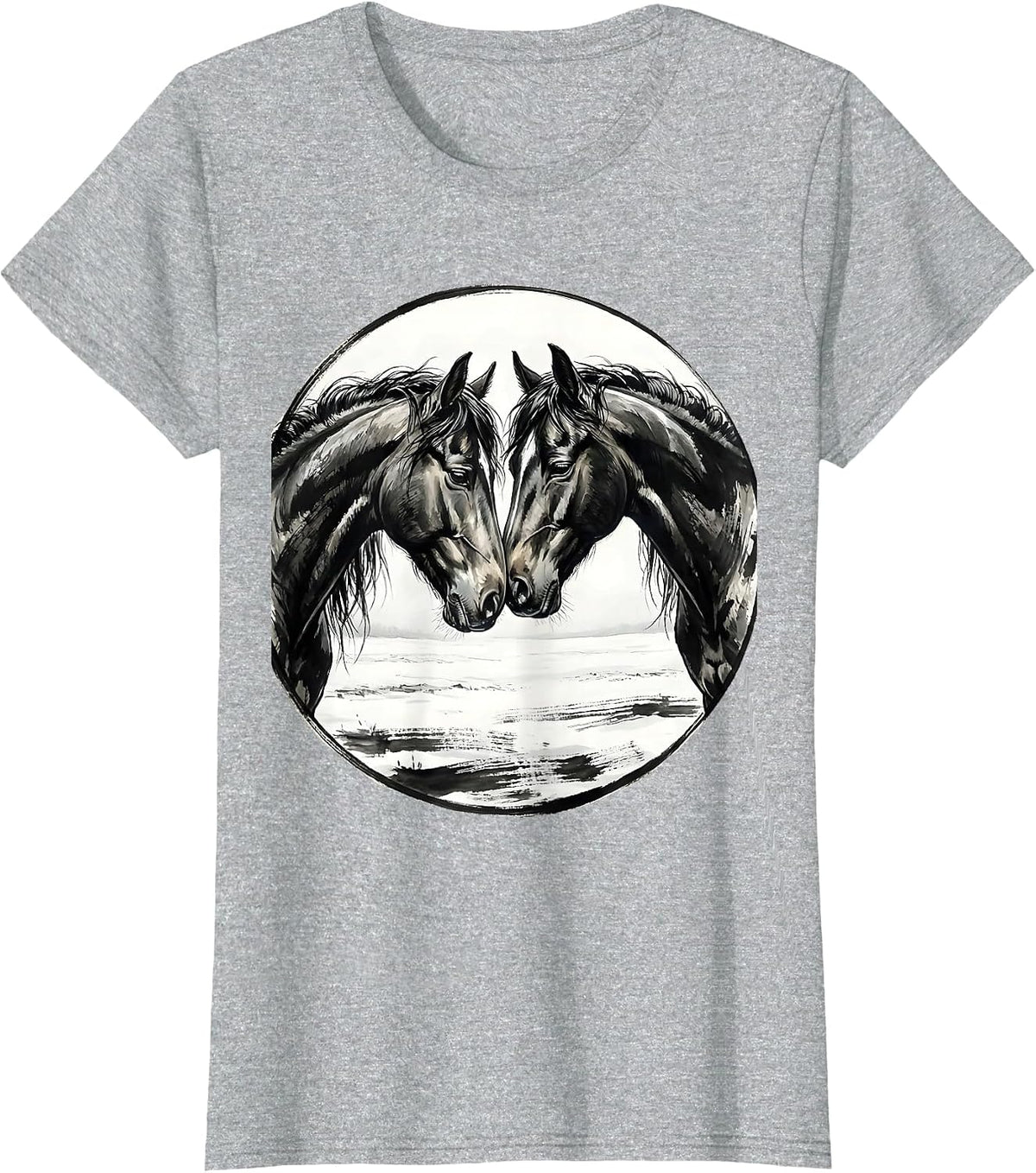 Two Horses Touching Noses in Snowy Field T-Shirt - Heather Grey