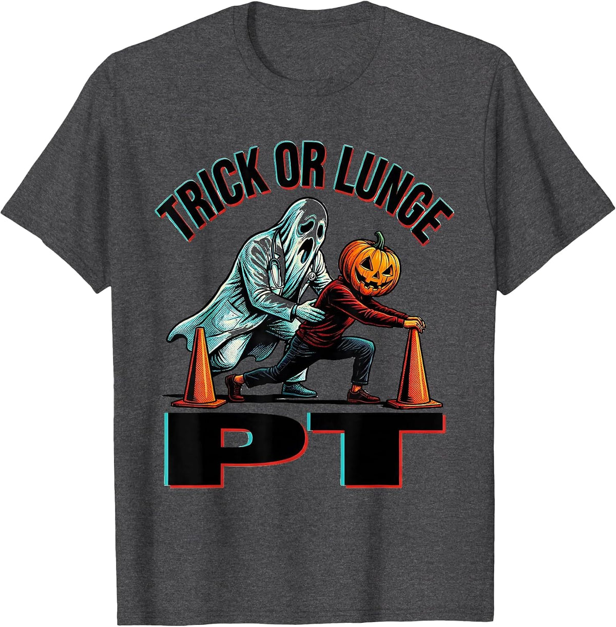 Men's Trick Or Lunge PT Pop Art Physical Therapy Halloween Humor T-Shirt - Dark Heather Grey