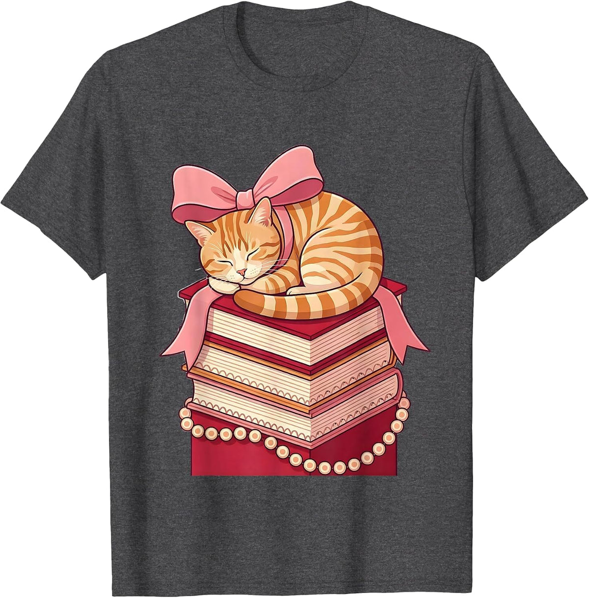 Tabby Cat Napping on Stacked Books Illustration T-Shirt - Dark Heather Grey