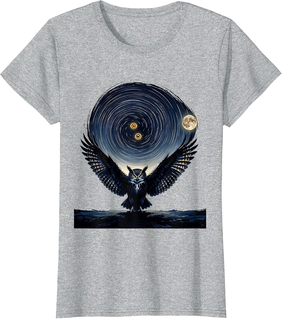 Women's Owl Starry Night Van Gogh Parody Art Cat Lover T-Shirt - Heather Grey